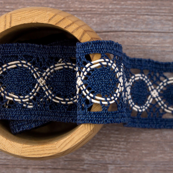 Мерсеризованное хлопковое кружево, 40 мм, цвет джинсовый синий с белым. Арт 2052/RH