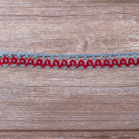 Мерсеризованное хлопковое кружево, 17 мм, цвет голубой с бордовым. Арт 1862/CG