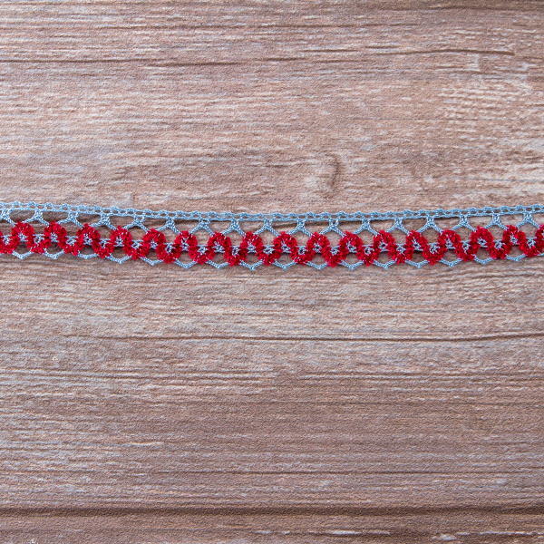 Мерсеризованное хлопковое кружево, 17 мм, цвет голубой с бордовым. Арт 1862/CG