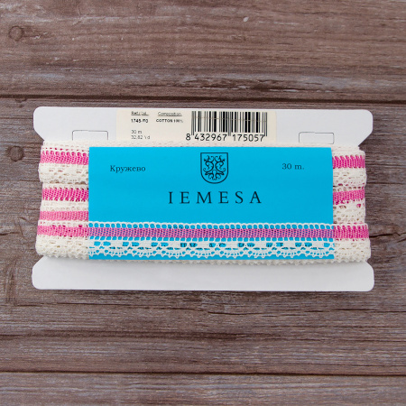 Мерсеризованное хлопковое кружево, 22 мм, цвет сливочный с розовым. Арт 1745/F0