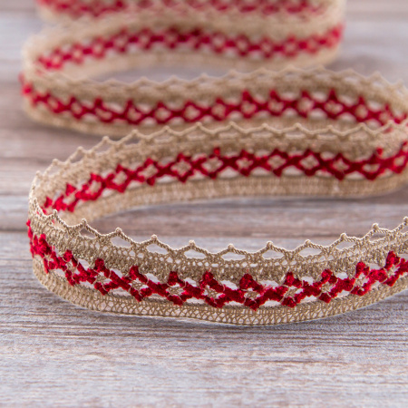 Мерсеризованное хлопковое кружево, 20 мм, цвет бежево-серый/бордовый. Арт 1889/X6