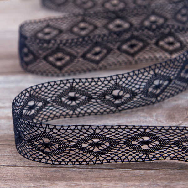 Мерсеризованное хлопковое кружево, 25 мм, цвет темно-синий. Арт 2024/9S