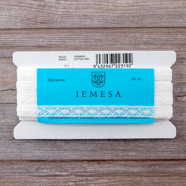 Мерсеризованное хлопковое кружево, 16 мм, белый. Арт 2109/01