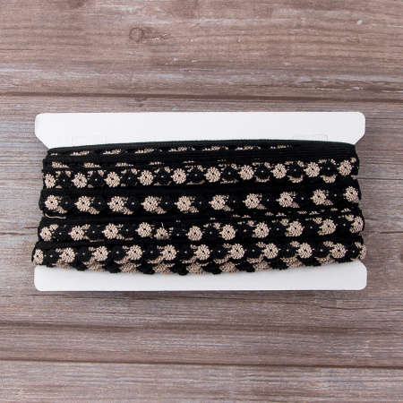 Мерсеризованное хлопковое кружево, 13 мм, цвет черный с бежевым. Арт 3615/Q7