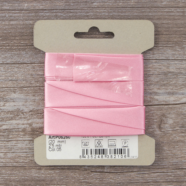 Косая бейка атласная  на блистере SAFISA, 20 мм, 2,5 м, цвет 05, розовый. Арт P06260-20мм-05          