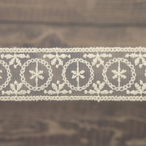 Кружево-вышивка на тюле, 33 мм, цвет бежевый, 100% полиэстер, 3,5 м. Арт T-2005.371