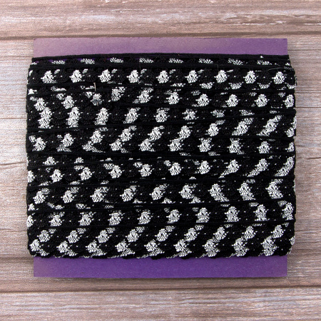 Мерсеризованное хлопковое кружево, 13 мм, цвет черный с серебристым. Арт 3615/J0                 