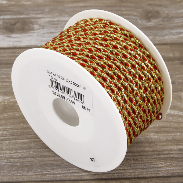 Шнур плетеный PEGA с люрексом, золото с красным, 7 мм, 15 м. Арт 881218724DX703