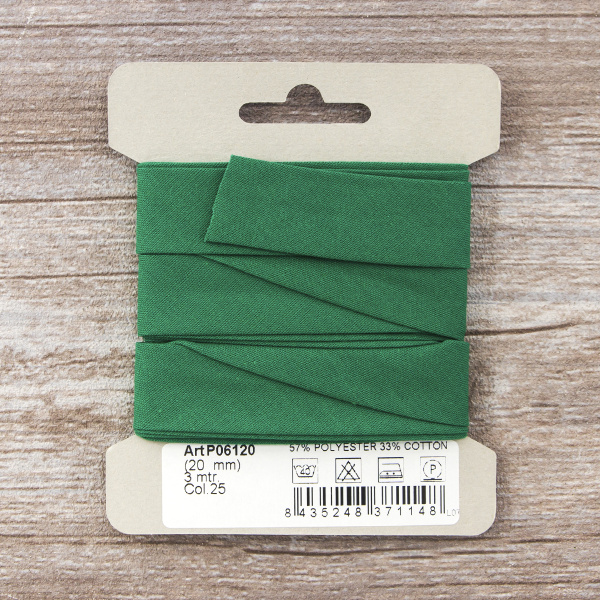 Косая бейка хлопок/полиэстер на блистере, 20 мм, 3 м, цвет 25, Зеленый. Арт P06120-20мм-25          