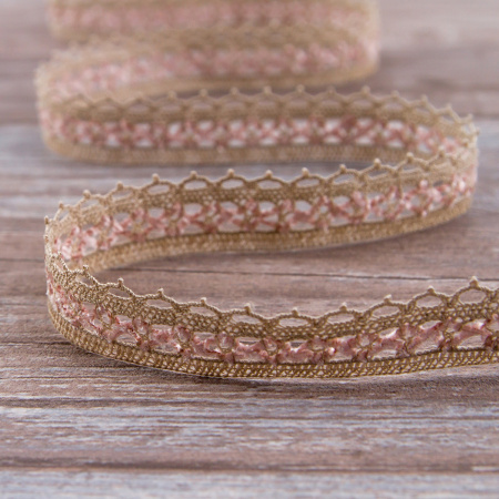 Мерсеризованное хлопковое кружево, 20 мм, цвет бежево-серый/розовый. Арт 1889/X5