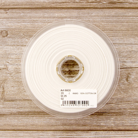 Косая бейка хлопок, 20 мм, 25 м, цвет 02, цвет белый. Арт 6600-20мм-02