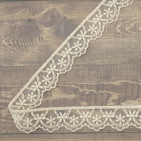 Кружево-вышивка на тюле, 28 мм, цвет бежевый, 100% полиэстер, 3,5 м. Арт T-1910.371