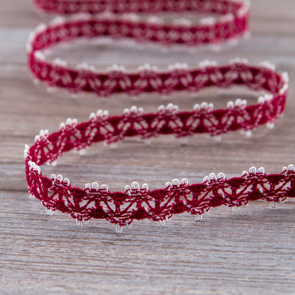 Мерсеризованное хлопковое кружево, 11 мм, цвет бордовый с белым. Арт 1084/G8
