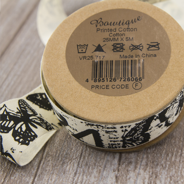 Лента хлопковая на картонной мини-катушке "Бабочки". Арт VR25.717
