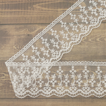 Кружево-вышивка на тюле, 70 мм, цвет белый, 100% полиэстер, 4,5 м. Арт T-3013.212