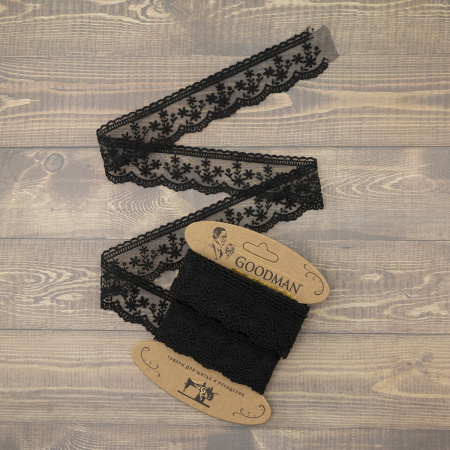 Кружево-вышивка на тюле, 40 мм, цвет черный, 100% полиэстер, 4,5 м. Арт T-3004.13