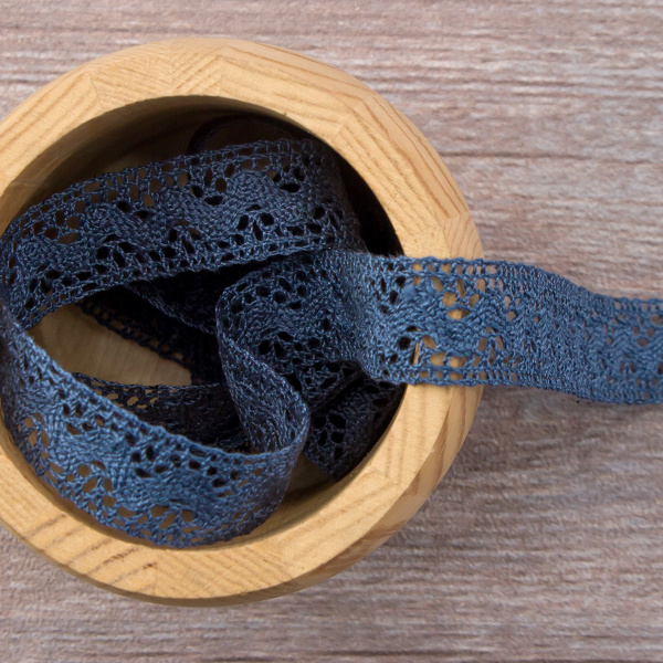 Мерсеризованное хлопковое кружево, 16 мм, цвет джинсово-синий. Арт 2066/89