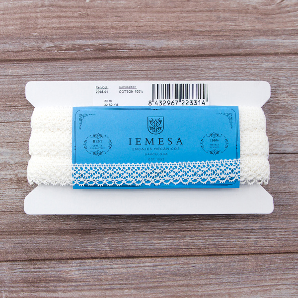 Мерсеризованное хлопковое кружево, 20 мм, белый. Арт 2095/01