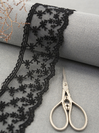 Кружево-вышивка на тюле, 65 мм, цвет черный, 100% полиэстер, 4,5 м. Арт T-3005.13