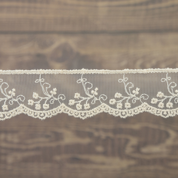 Кружево-вышивка на тюле, 32 мм, цвет бежевый, 100% полиэстер, 3,5 м. Арт T-30115.371