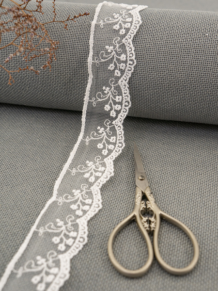 Кружево-вышивка на тюле, 32 мм, цвет белый, 100% полиэстер, 3,5 м. Арт T-30115.212