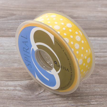 Лента репсовая SAFISA с напечатаным рисунком, 25 мм, 15 м, цвет 32, желтый. Арт 25313-25мм-32