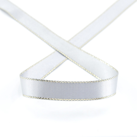 Лента атласная SAFISA с люрексным кантом по краям, 11 мм, 25 м, цвет 27, серый светлый. Арт 25190-11мм-27           