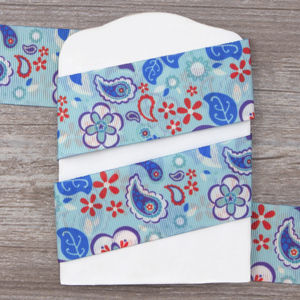 Лента репсовая SAFISA с рисунком, 39 мм, 15 м, цвет 02, голубой. Арт 25310-39мм-02