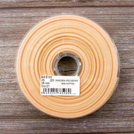 Косая бейка хлопок/полиэстер 20 мм, 25 м, цвет 21, персиковый айвори. Арт 6120-20мм-21            