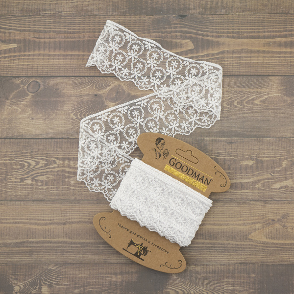 Кружево-вышивка на тюле, 63 мм, цвет белый, 100% полиэстер, 3,5 м. Арт T-1909.212