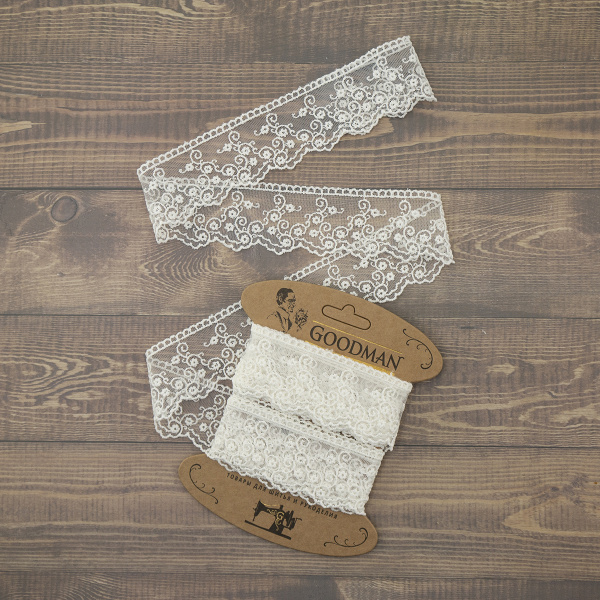 Кружево-вышивка на тюле, 42 мм, цвет молочный, 100% полиэстер, 3,5 м. Арт T-2443.112