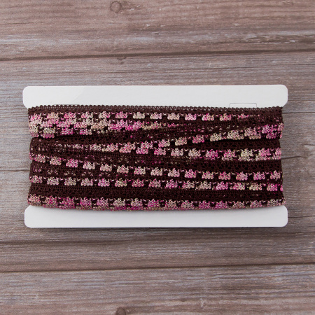 Мерсеризованное хлопковое кружево, 15 мм, цвет коричневый с розово-бежевым. Арт 3247/B5                 