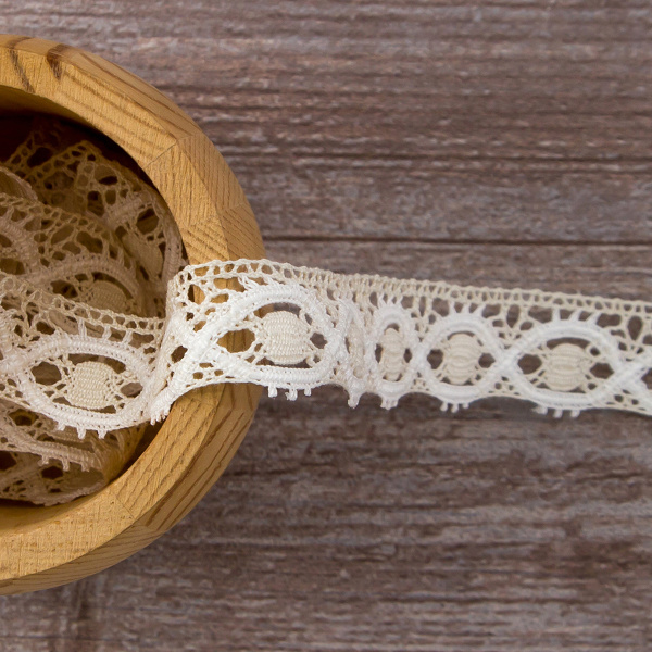 Мерсеризованное хлопковое кружево, 20 мм, цвет сливочный с белым. Арт 3489/30