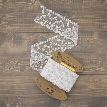 Кружево-вышивка на тюле, 65 мм, цвет белый, 100% полиэстер, 4,5 м. Арт T-3005.212