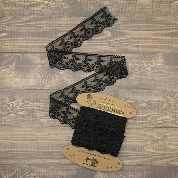 Кружево-вышивка на тюле, 42 мм, цвет черный, 100% полиэстер, 3,5 м. Арт T-2443.13