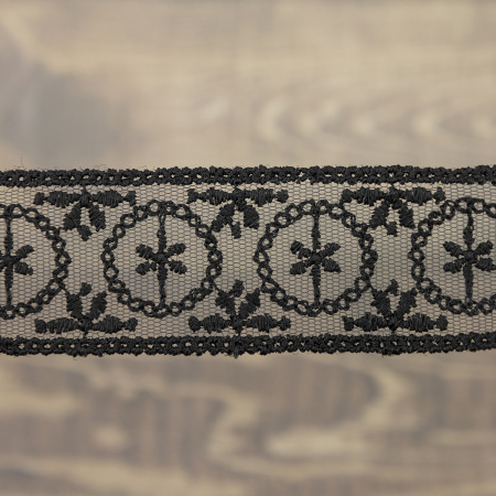 Кружево-вышивка на тюле, 33 мм, цвет черный, 100% полиэстер, 3,5 м. Арт T-2005.13