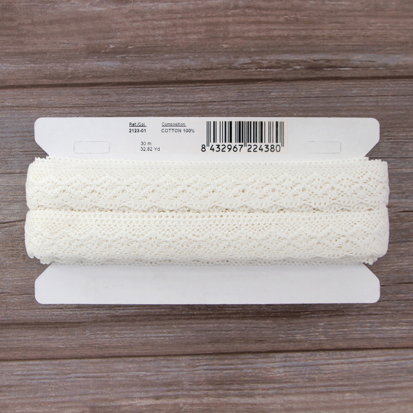 Мерсеризованное хлопковое кружево, 30 мм, белый. Арт 2123/01