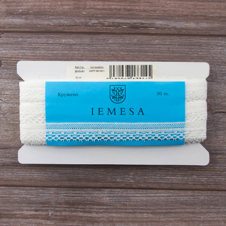 Мерсеризованное хлопковое кружево, 20 мм, цвет белый. Арт 2010/01