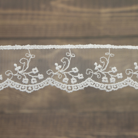 Кружево-вышивка на тюле, 32 мм, цвет белый, 100% полиэстер, 3,5 м. Арт T-30115.212