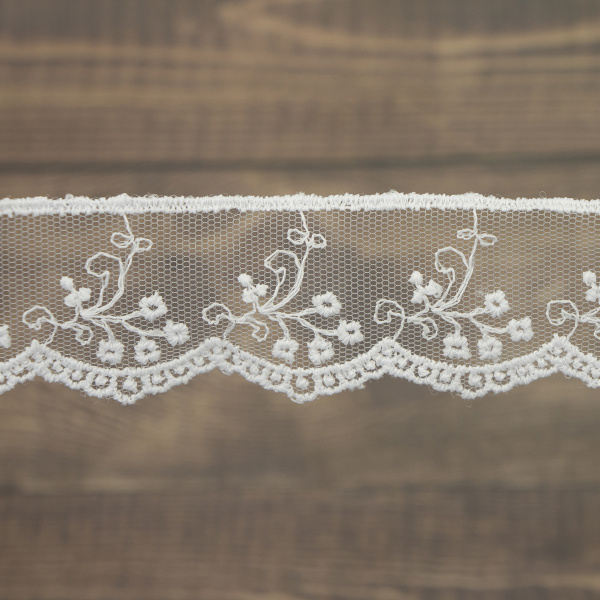 Кружево-вышивка на тюле, 32 мм, цвет белый, 100% полиэстер, 3,5 м. Арт T-30115.212