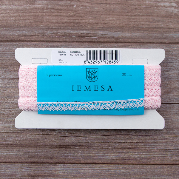 Мерсеризованное хлопковое кружево, 12 мм, цвет светло-розовый. Арт 3267/06                 