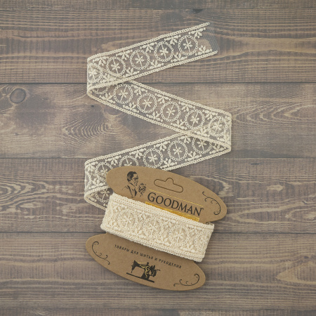 Кружево-вышивка на тюле, 33 мм, цвет бежевый, 100% полиэстер, 3,5 м. Арт T-2005.371