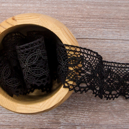 Мерсеризованное хлопковое кружево, 35 мм, цвет черный. Арт 2222/14