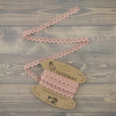 Кружево плетеное, 12 мм, цвет бледно-розовый, 100% хлопок, 5 м. Арт K-5004-87