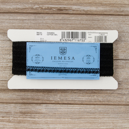 Мерсеризованное хлопковое кружево, 10 мм, цвет черный. Арт 3221/14