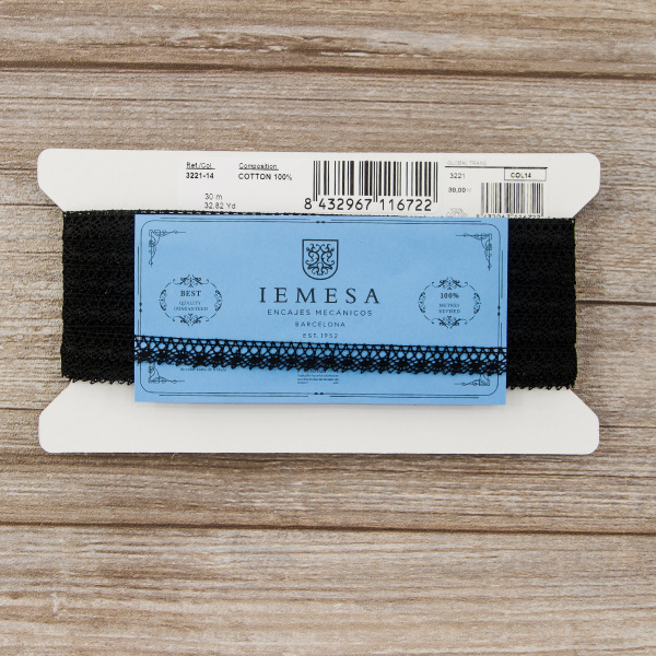 Мерсеризованное хлопковое кружево, 10 мм, цвет черный. Арт 3221/14