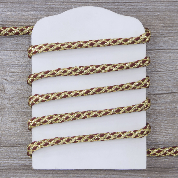 Шнур плетеный PEGA с люрексом, золото с бордовым, 7 мм, 15 м. Арт 881218724DX705