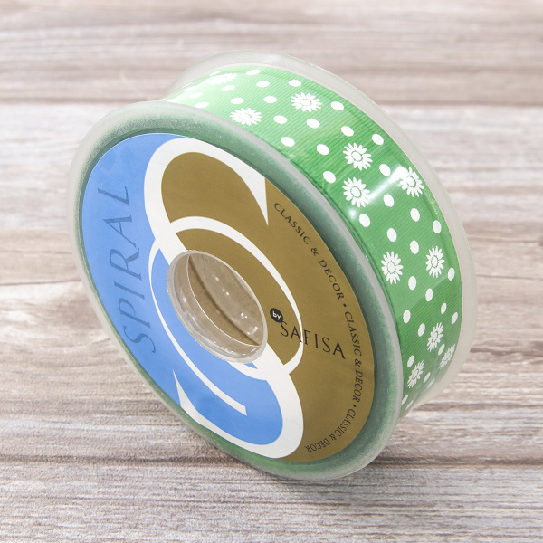 Лента репсовая SAFISA с напечатаным рисунком, 25 мм, 15 м, цвет 62, Майская зелень. Арт 25313-25мм-62