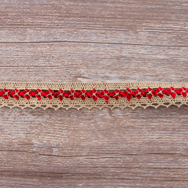 Мерсеризованное хлопковое кружево, 20 мм, цвет бежево-серый/бордовый. Арт 1889/X6