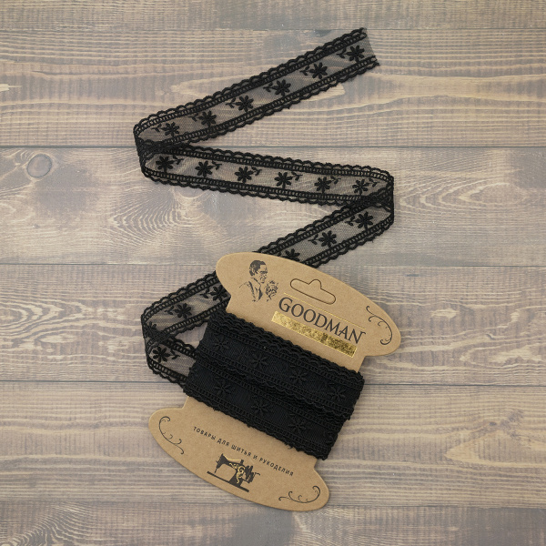 Кружево-вышивка на тюле, 30 мм, цвет черный, 100% полиэстер, 4,5 м. Арт T-3006.13